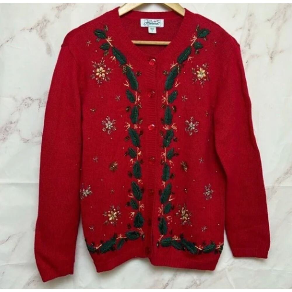 Vintage Haband Red Holiday Christmas Beaded Embroidered Cardigan Sweater, Medium